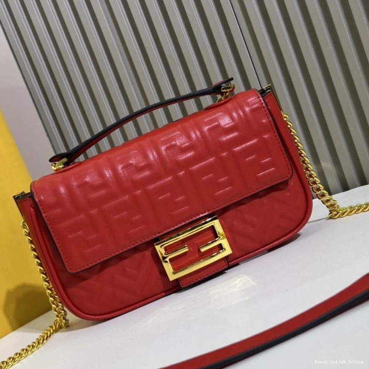 Cheap In Chain FF Leather Midi Bag Nappa Motif Red Fendi Baguette 0815